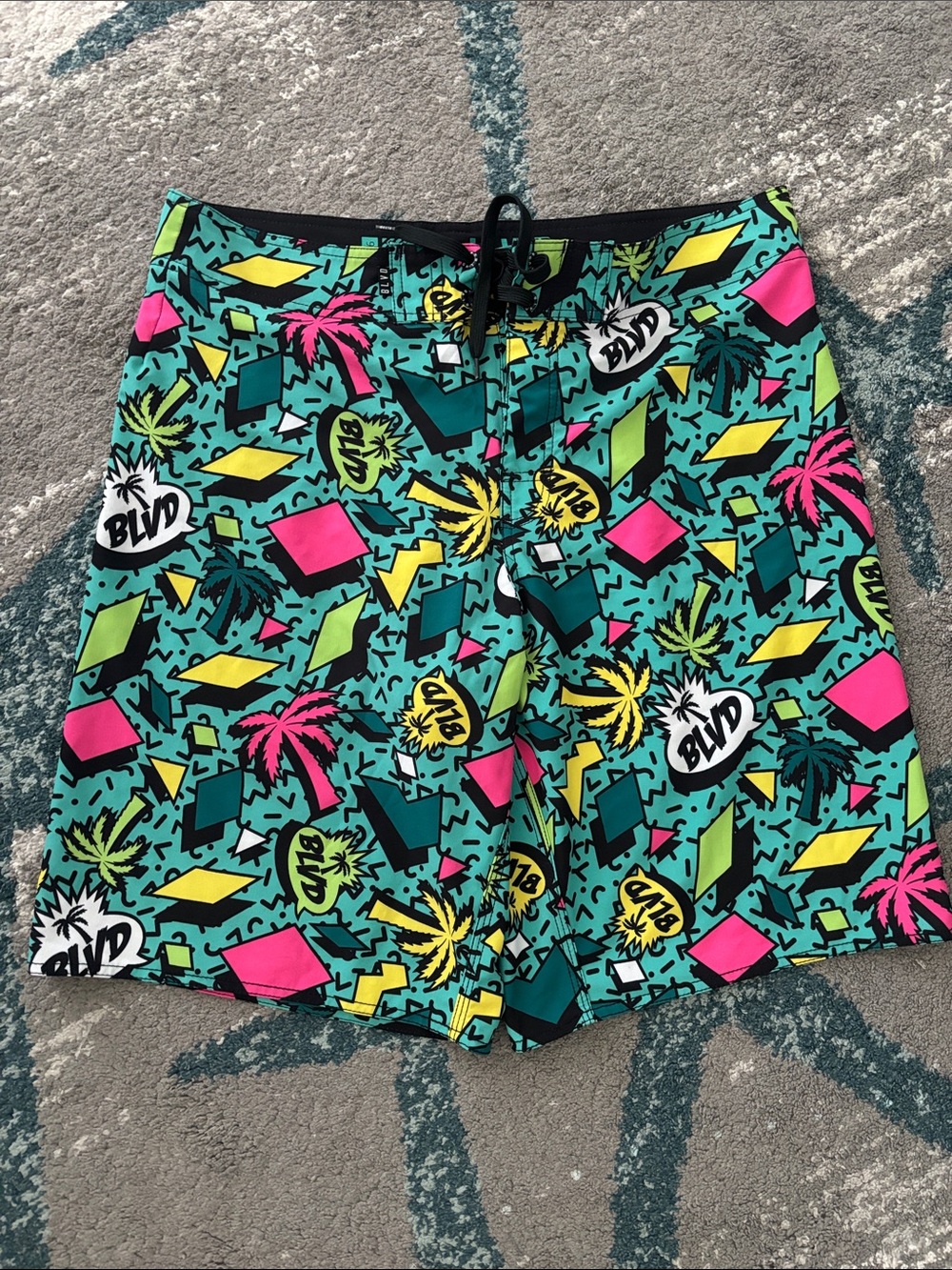 BLVD Teal Tropical Graphic Swim Shorts with Neon Pink & Yellow